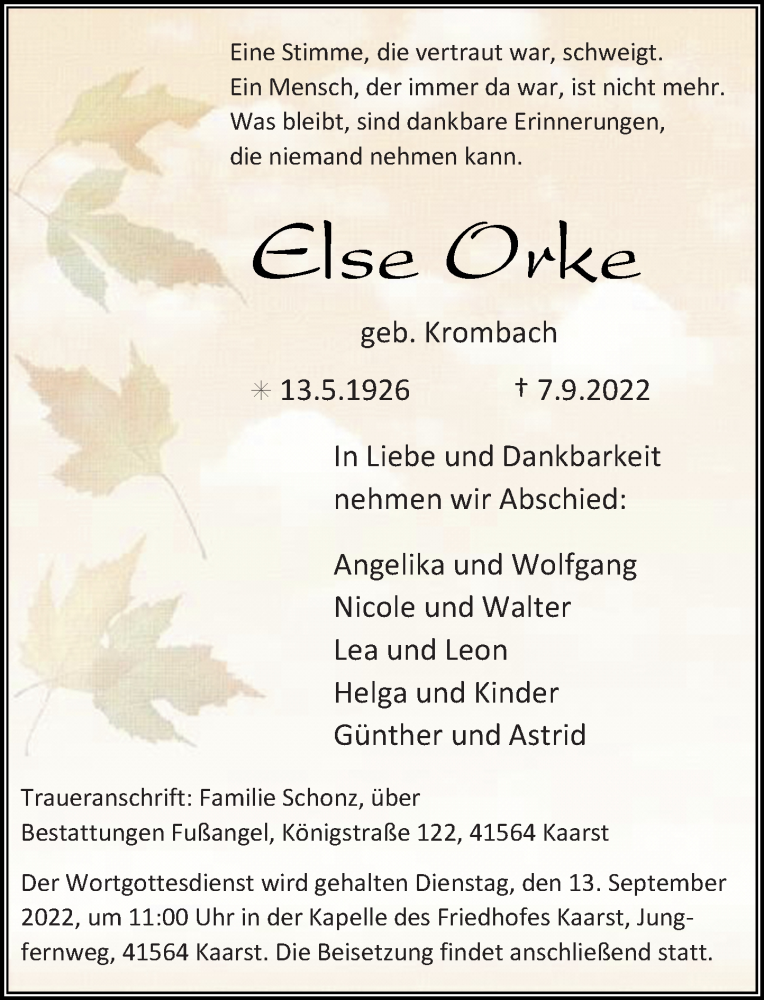  Traueranzeige für Else Orke vom 10.09.2022 aus Rheinische Post