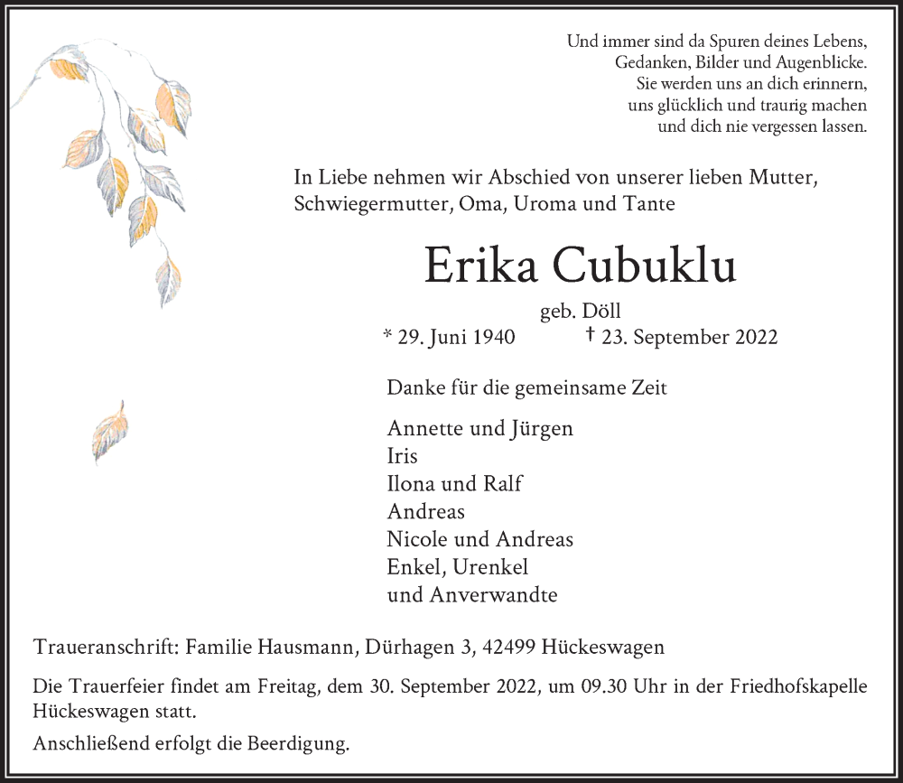  Traueranzeige für Erika Cubuklu vom 28.09.2022 aus Rheinische Post