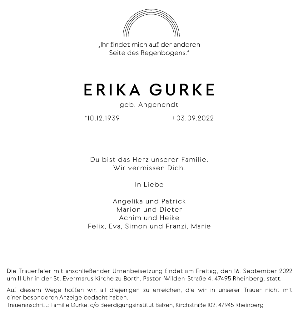  Traueranzeige für Erika Gurke vom 10.09.2022 aus Rheinische Post