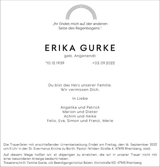 Traueranzeige von Erika Gurke von Rheinische Post