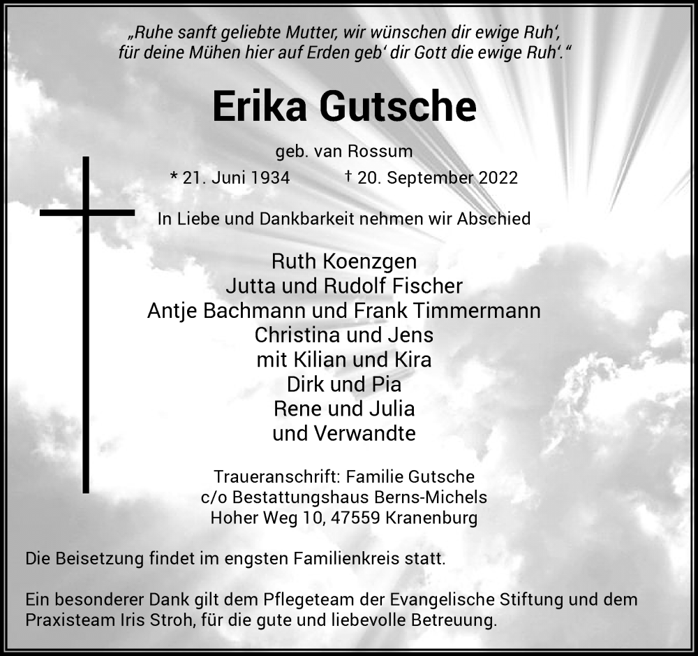  Traueranzeige für Erika Gutsche vom 24.09.2022 aus Rheinische Post