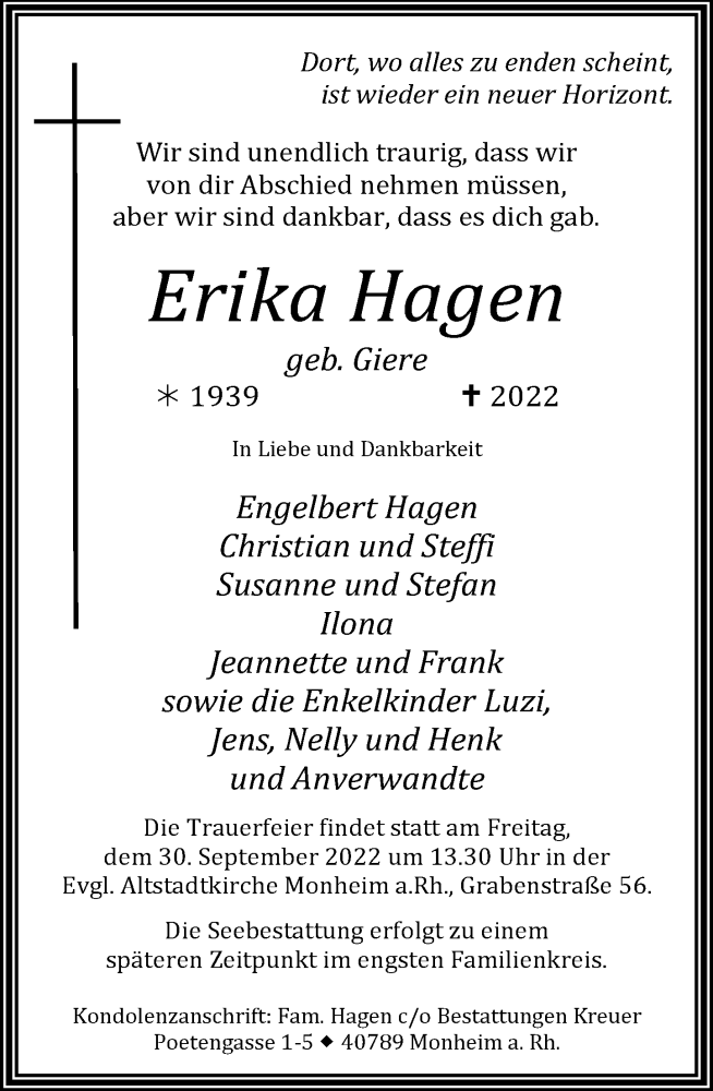  Traueranzeige für Erika Hagen vom 24.09.2022 aus Rheinische Post