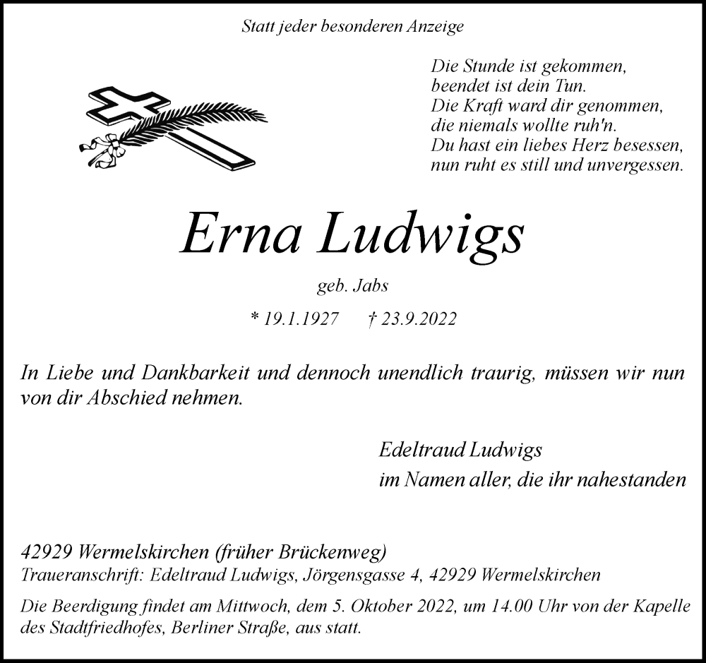  Traueranzeige für Erna Ludwigs vom 30.09.2022 aus Rheinische Post