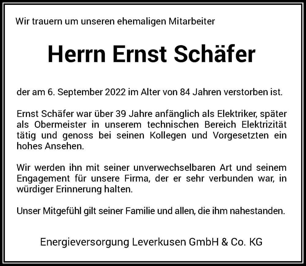  Traueranzeige für Ernst Schäfer vom 24.09.2022 aus Rheinische Post