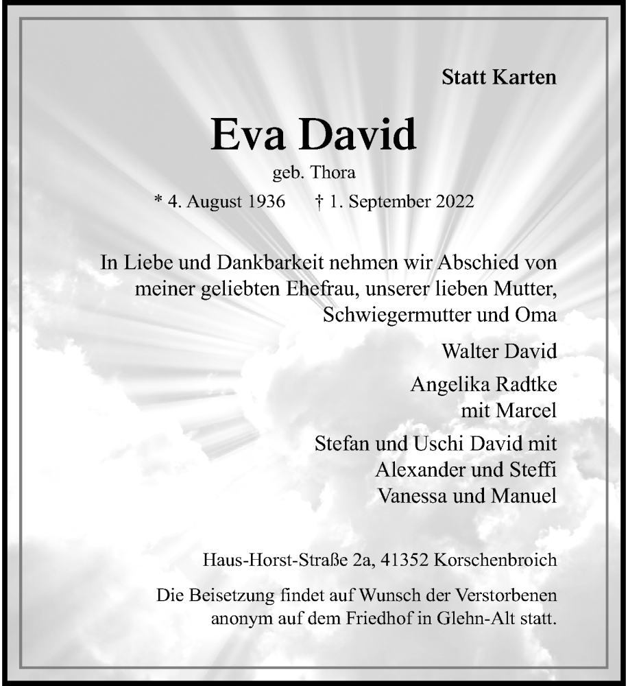 Traueranzeige für Eva David vom 10.09.2022 aus Rheinische Post