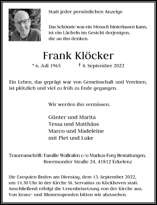 Traueranzeige von Frank Klöcker von Rheinische Post