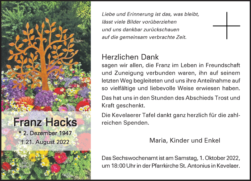  Traueranzeige für Franz Hacks vom 24.09.2022 aus Rheinische Post