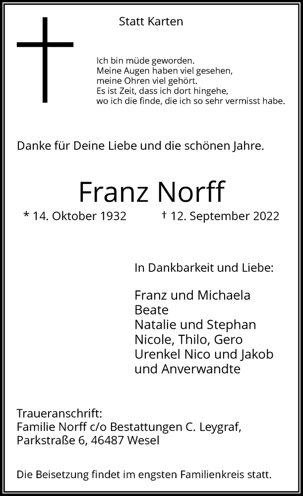  Traueranzeige für Franz Norff vom 17.09.2022 aus Rheinische Post