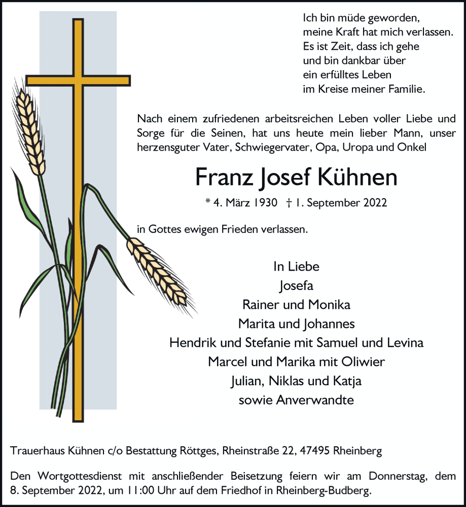  Traueranzeige für Franz Josef Kühnen vom 06.09.2022 aus Rheinische Post