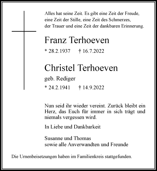 Traueranzeige von Franz und Christel Terhoeven von Rheinische Post