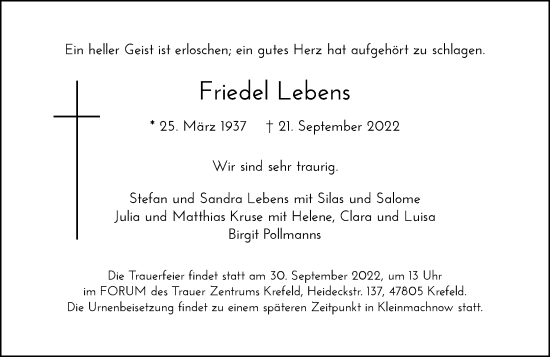 Traueranzeige von Friedel Lebens von Rheinische Post