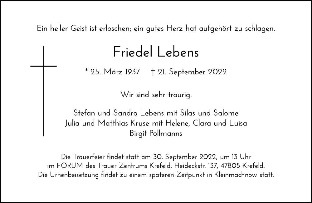  Traueranzeige für Friedel Lebens vom 24.09.2022 aus Rheinische Post