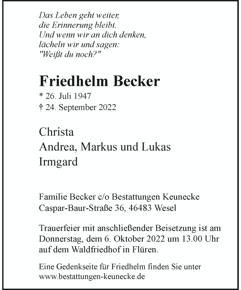  Traueranzeige für Friedhelm Becker vom 01.10.2022 aus Rheinische Post