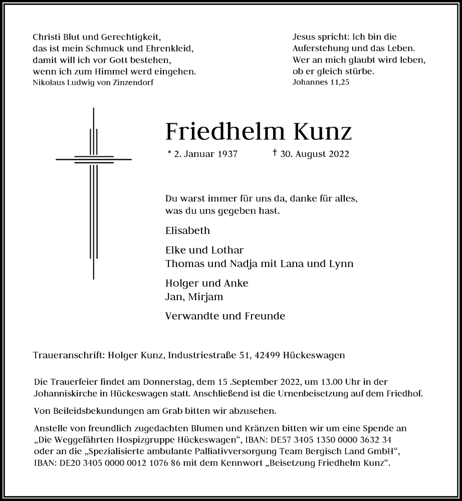  Traueranzeige für Friedhelm Kunz vom 10.09.2022 aus Rheinische Post