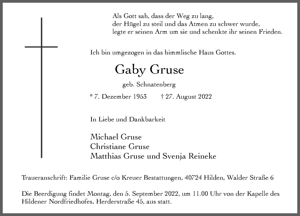  Traueranzeige für Gaby Gruse vom 01.09.2022 aus Rheinische Post