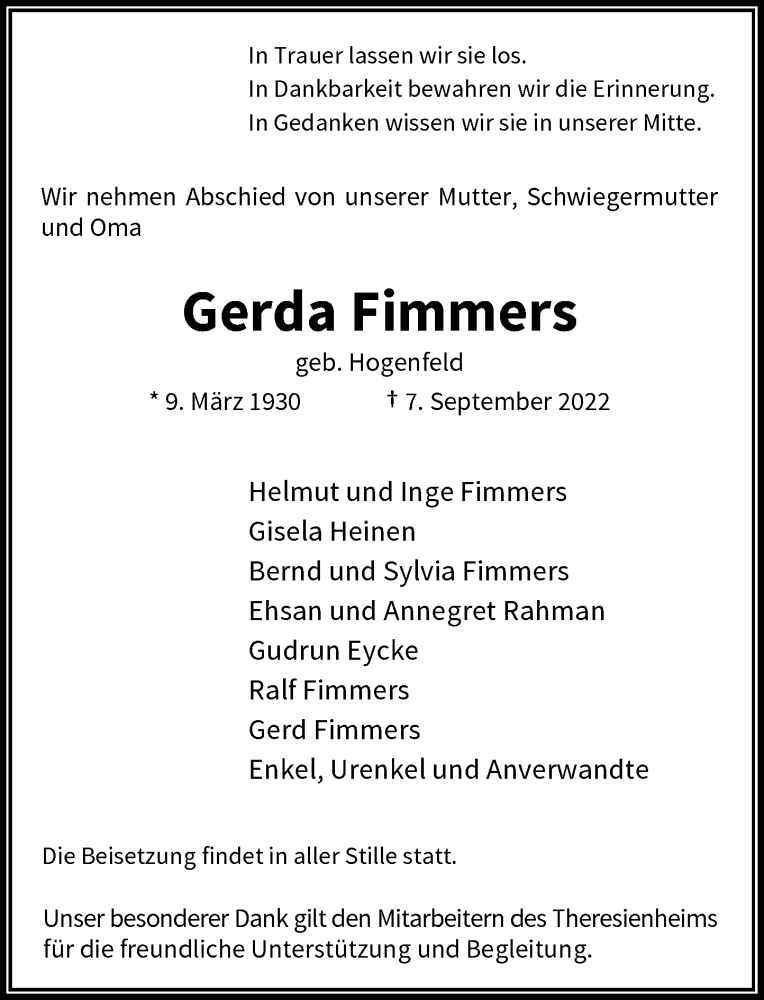  Traueranzeige für Gerda Fimmers vom 21.09.2022 aus Rheinische Post