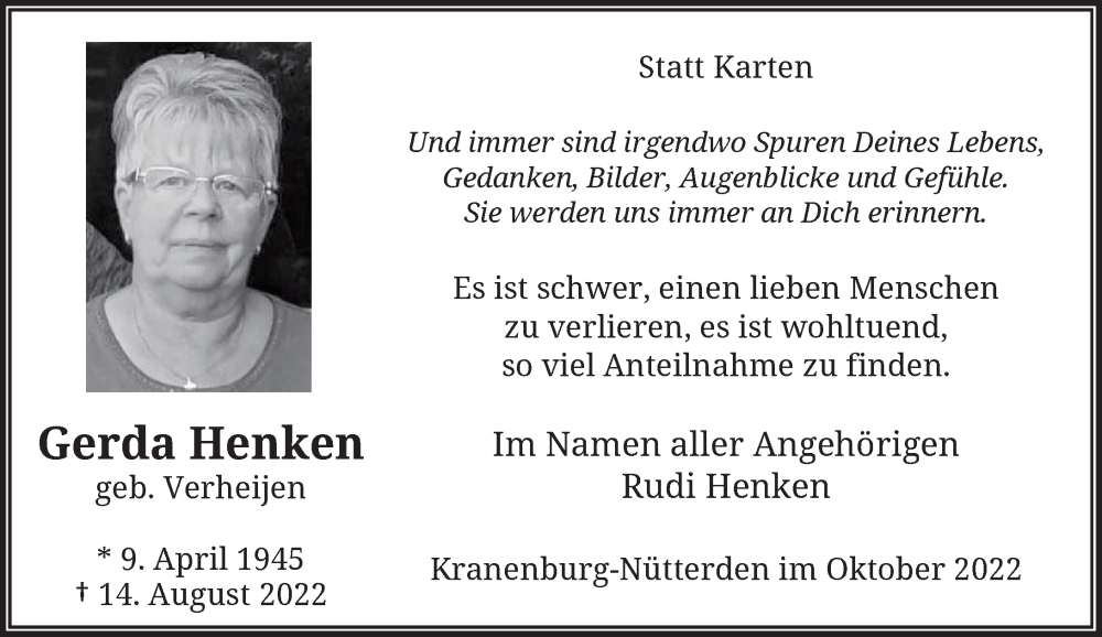  Traueranzeige für Gerda Henken vom 01.10.2022 aus Rheinische Post