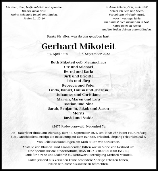 Traueranzeige von Gerhard Mikoteit von Rheinische Post