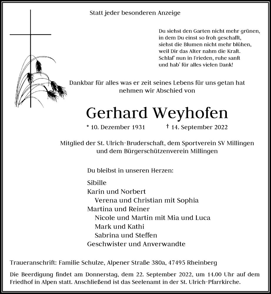  Traueranzeige für Gerhard Weyhofen vom 17.09.2022 aus Rheinische Post