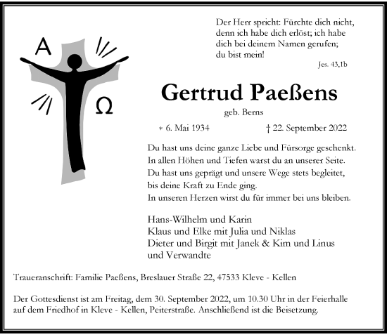 Traueranzeige von Gertrud Paeßens von Rheinische Post