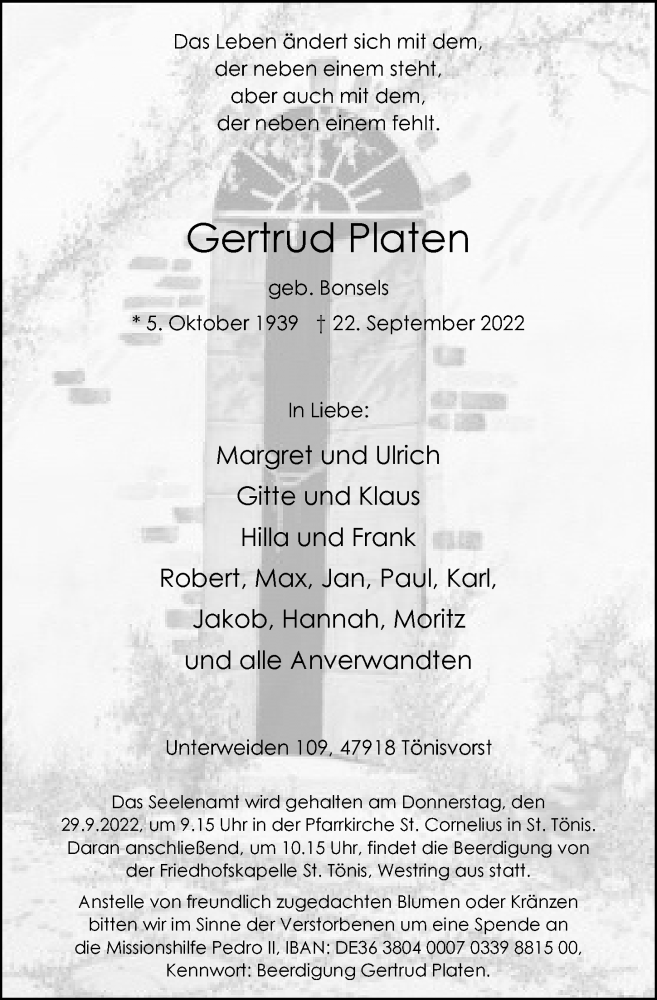  Traueranzeige für Gertrud Platen vom 27.09.2022 aus Rheinische Post