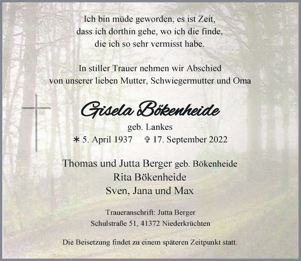  Traueranzeige für Gisela Bökenheide vom 24.09.2022 aus Rheinische Post