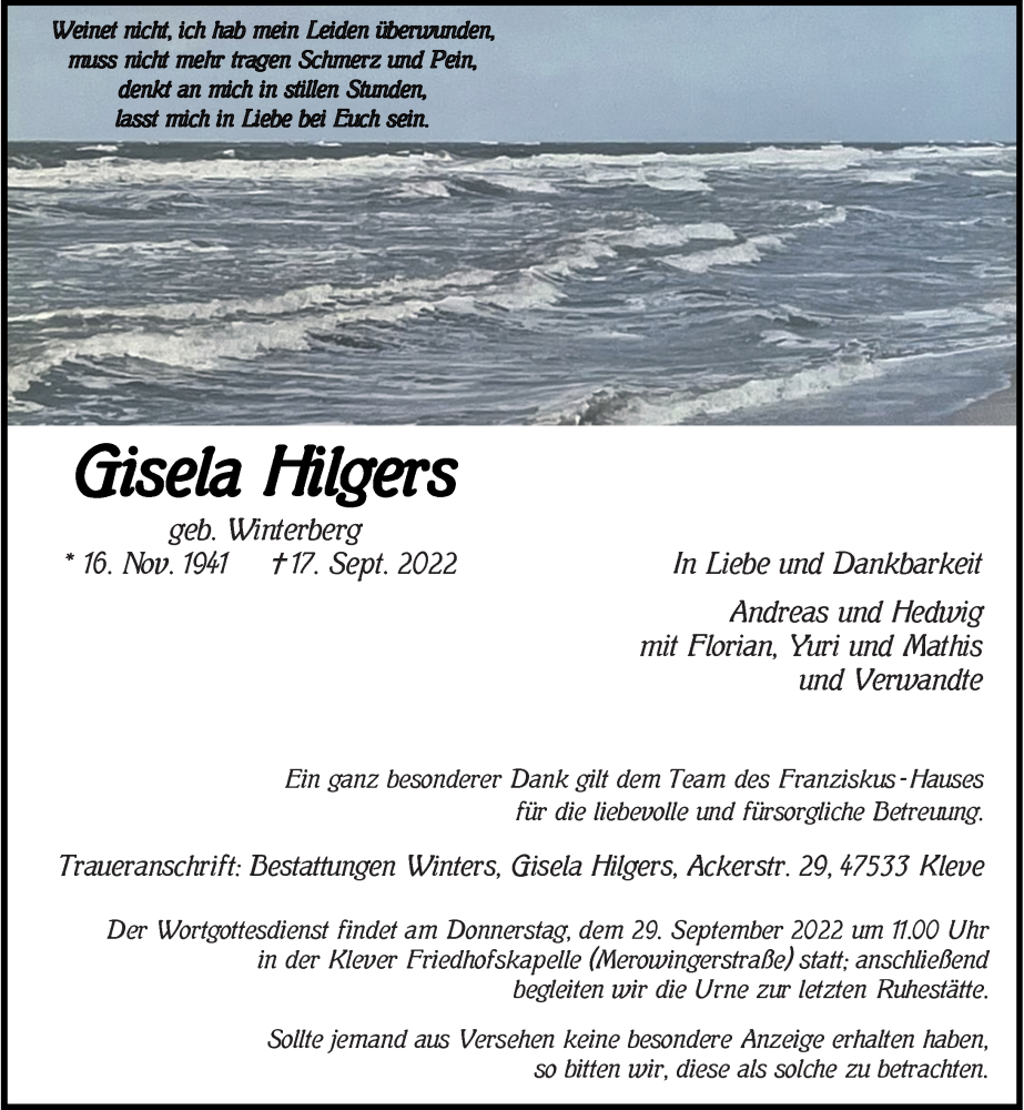  Traueranzeige für Gisela Hilgers vom 24.09.2022 aus Rheinische Post
