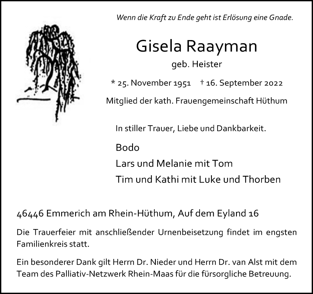  Traueranzeige für Gisela Raayman vom 24.09.2022 aus Rheinische Post
