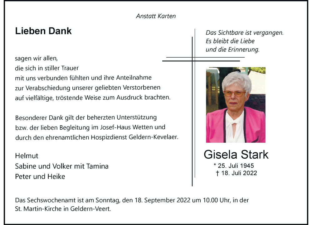  Traueranzeige für Gisela Stark vom 10.09.2022 aus Rheinische Post