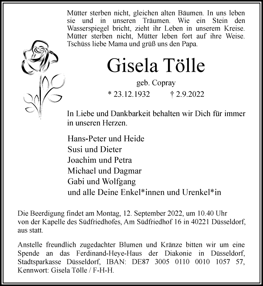  Traueranzeige für Gisela Tölle vom 10.09.2022 aus Rheinische Post