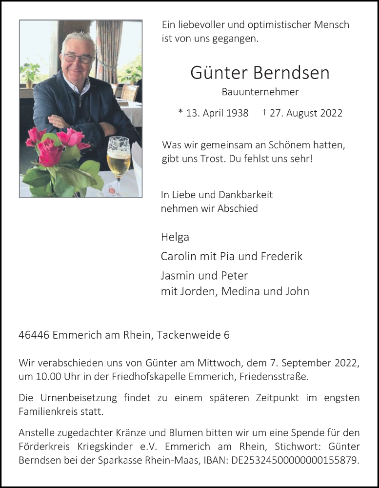  Traueranzeige für Günter Berndsen vom 01.09.2022 aus Rheinische Post