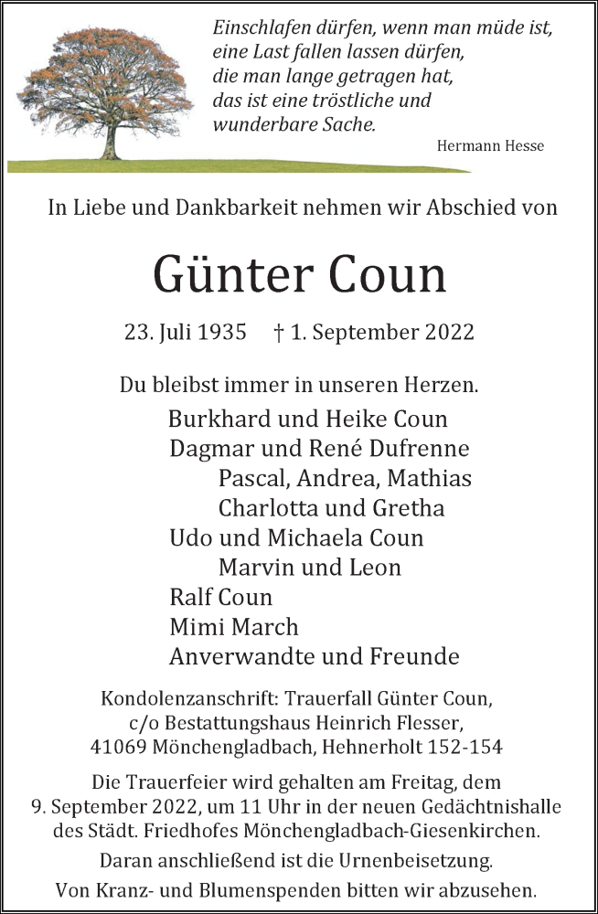  Traueranzeige für Günter Coun vom 07.09.2022 aus Rheinische Post