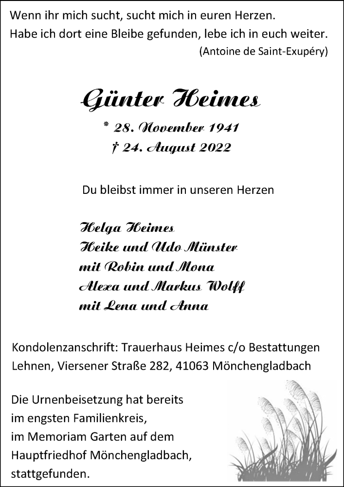  Traueranzeige für Günter Heimes vom 10.09.2022 aus Rheinische Post