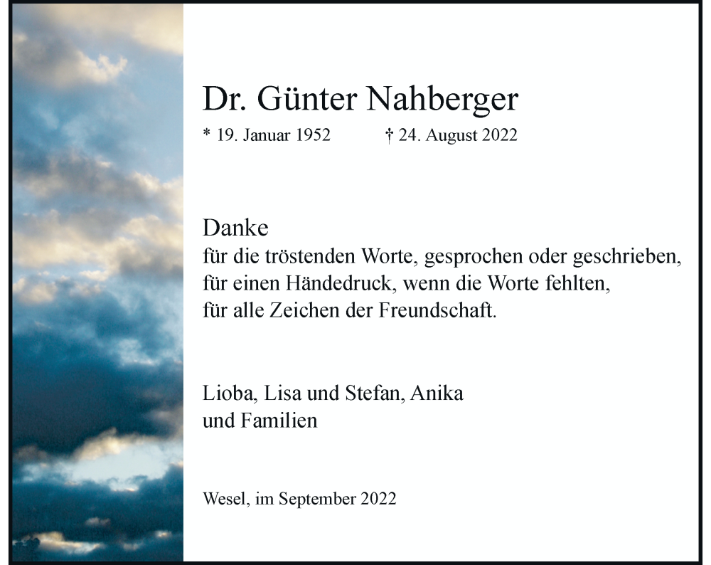  Traueranzeige für Günter Nahberger vom 17.09.2022 aus Rheinische Post