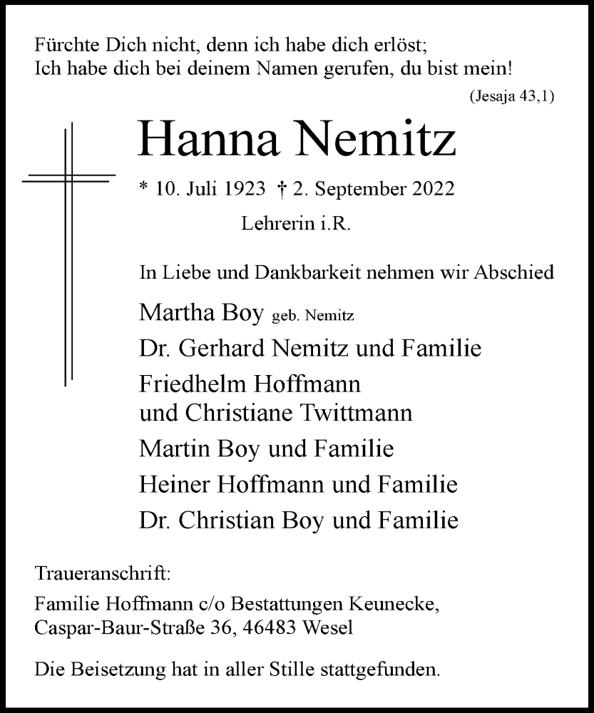  Traueranzeige für Hanna Nemitz vom 10.09.2022 aus Rheinische Post