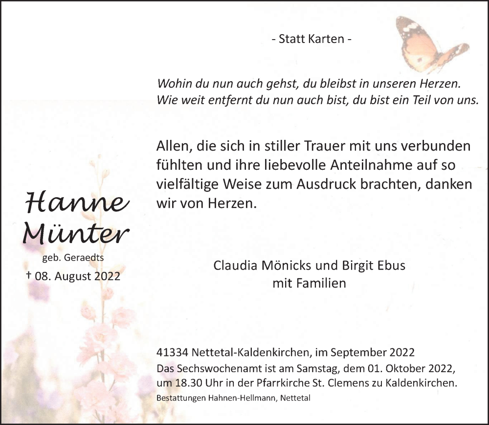  Traueranzeige für Hanne Münter vom 24.09.2022 aus Rheinische Post