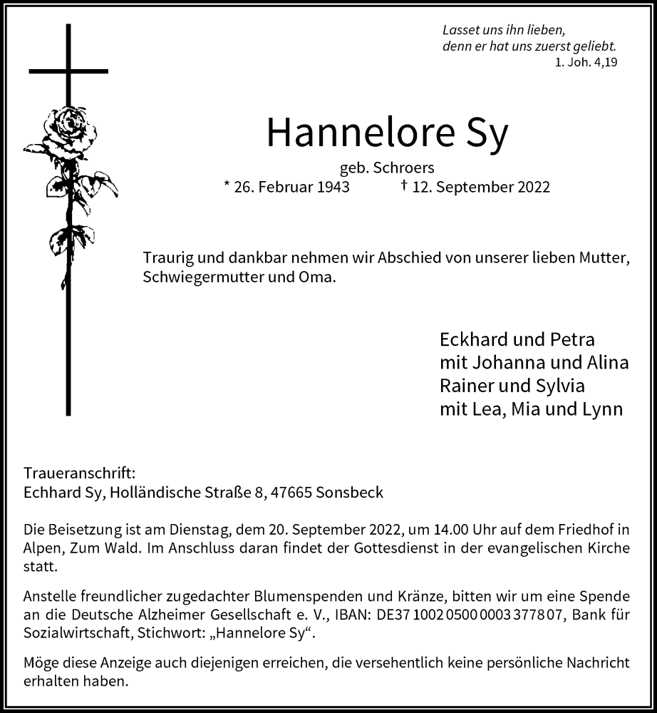  Traueranzeige für Hannelore Sy vom 17.09.2022 aus Rheinische Post