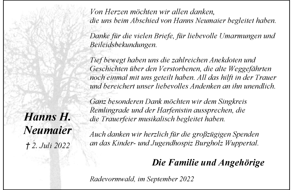  Traueranzeige für Hanns H. Neumaier vom 24.09.2022 aus Rheinische Post