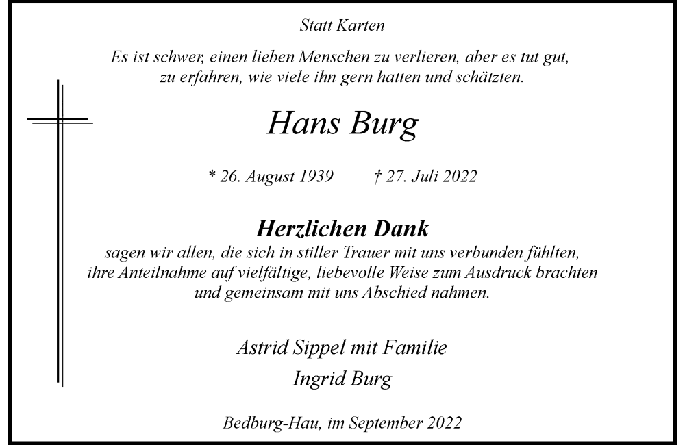  Traueranzeige für Hans Burg vom 10.09.2022 aus Rheinische Post