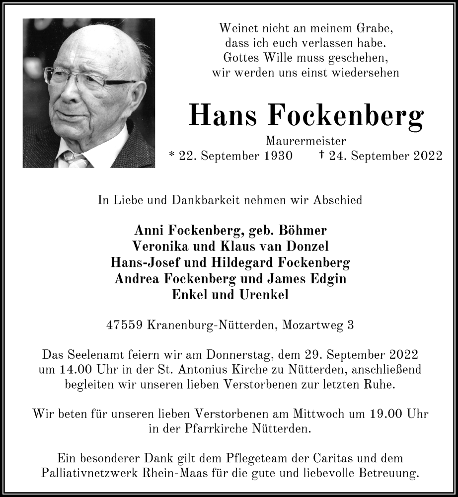  Traueranzeige für Hans Fockenberg vom 27.09.2022 aus Rheinische Post