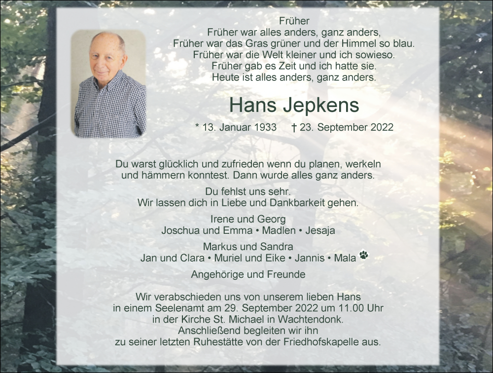  Traueranzeige für Hans Jepkens vom 27.09.2022 aus Rheinische Post