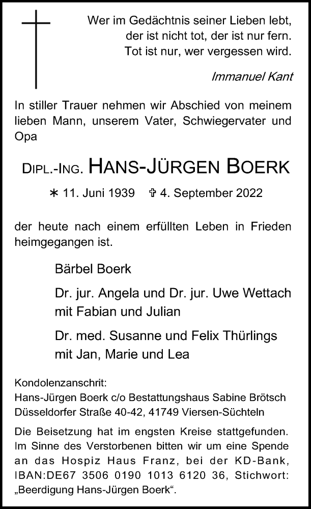  Traueranzeige für Hans-Jürgen Boerk vom 10.09.2022 aus Rheinische Post