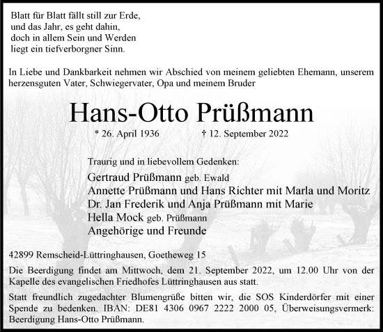 Traueranzeige von Hans-Otto Prüßmann von Rheinische Post