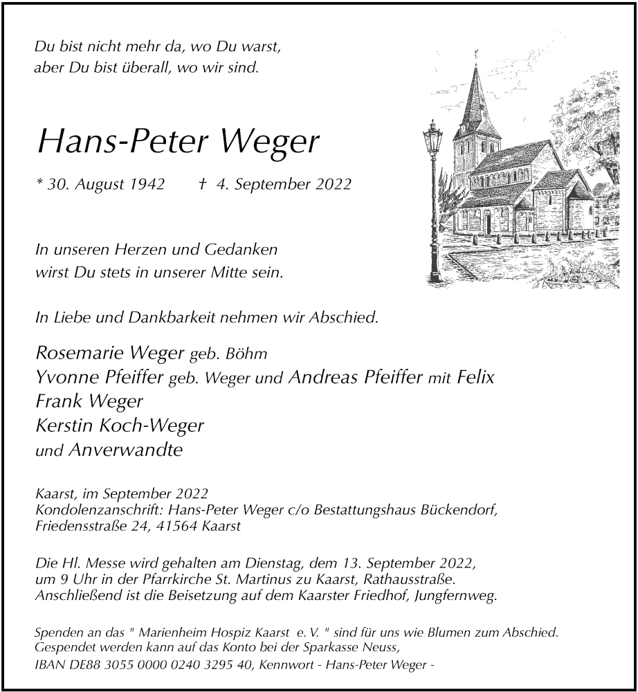  Traueranzeige für Hans-Peter Weger vom 09.09.2022 aus Rheinische Post