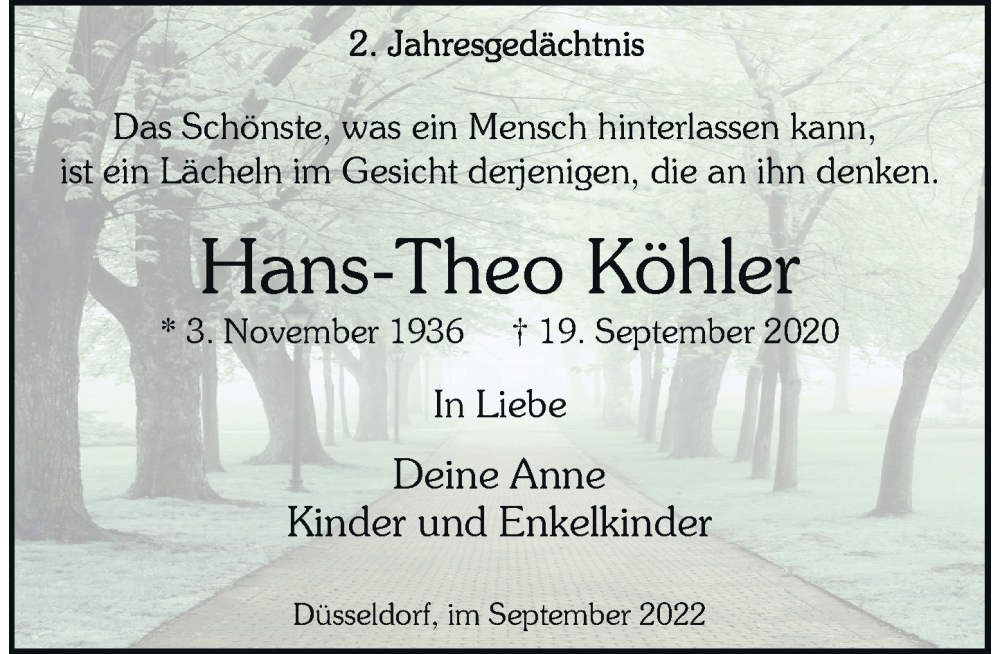  Traueranzeige für Hans-Theo Köhler vom 24.09.2022 aus Rheinische Post