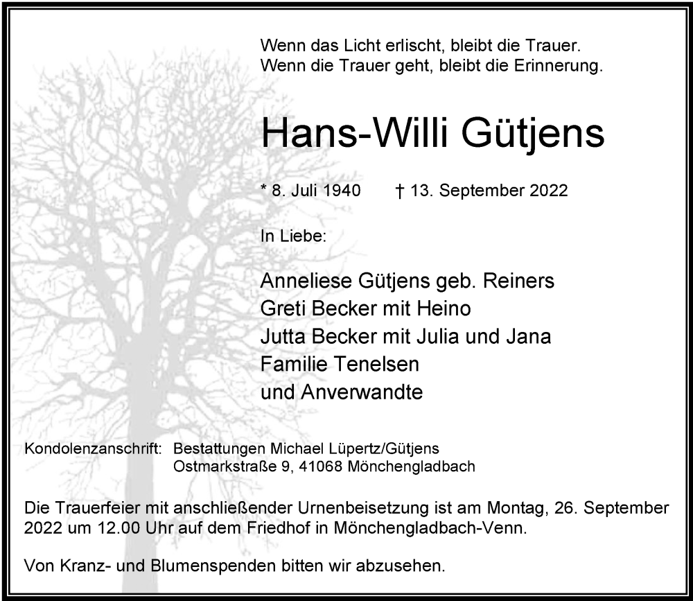  Traueranzeige für Hans-Willi Gütjens vom 17.09.2022 aus Rheinische Post