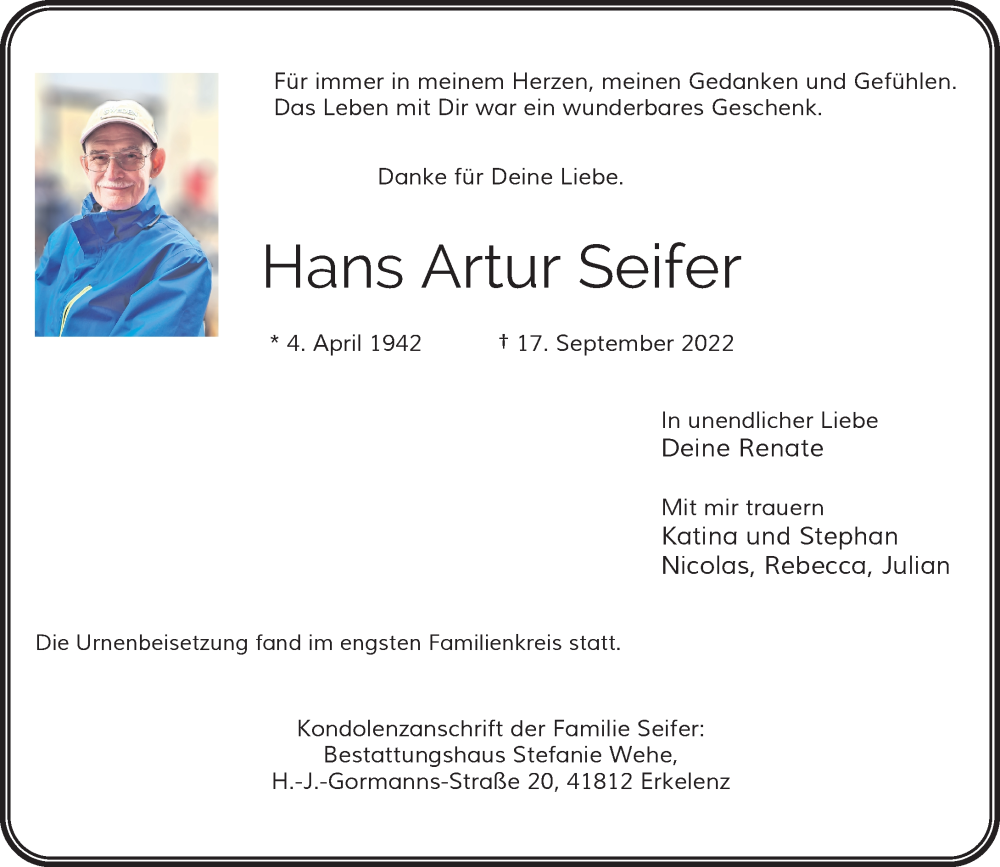  Traueranzeige für Hans Artur Seifer vom 24.09.2022 aus Rheinische Post