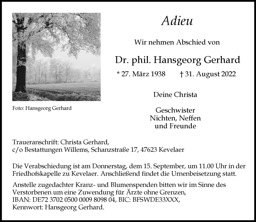  Traueranzeige für Hansgeorg Gerhard vom 10.09.2022 aus Rheinische Post