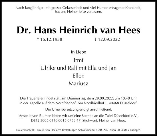 Traueranzeige von Hans Heinrich van Hees von Rheinische Post