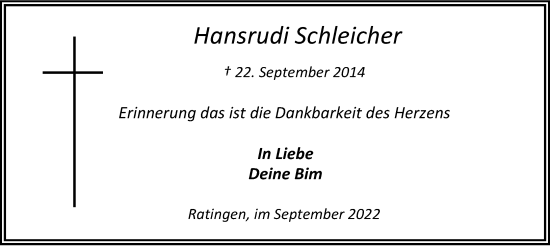 Traueranzeige von Hansrudi Schleicher von Rheinische Post